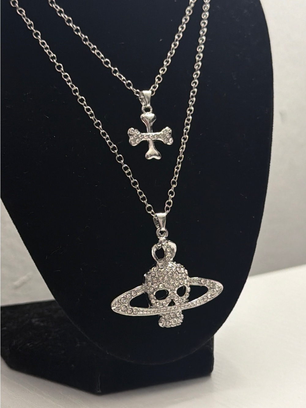 Silver Rhinestone Skull & Cross Layered Necklace
